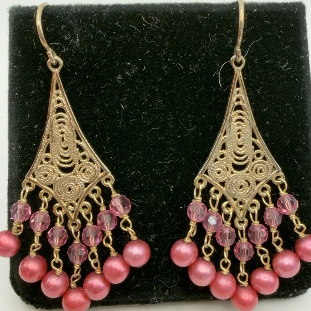 Vintage Sterling Silver Filigree Chandelier Earrings Pink Cultured Pearl Vermail